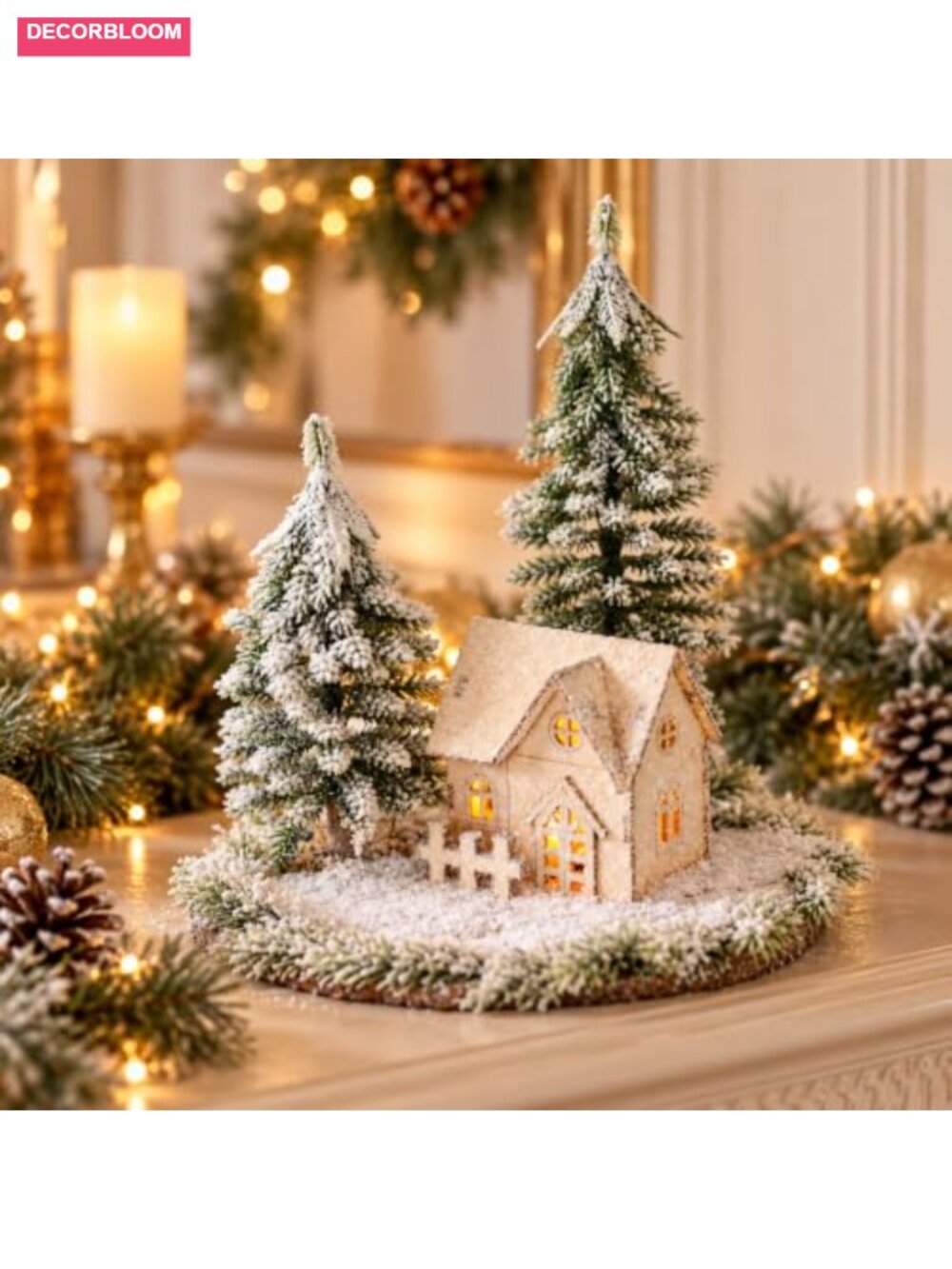 Christmas Village House with 2 Snowy Trees 9.84 Inch Tabletop Mantel Decor